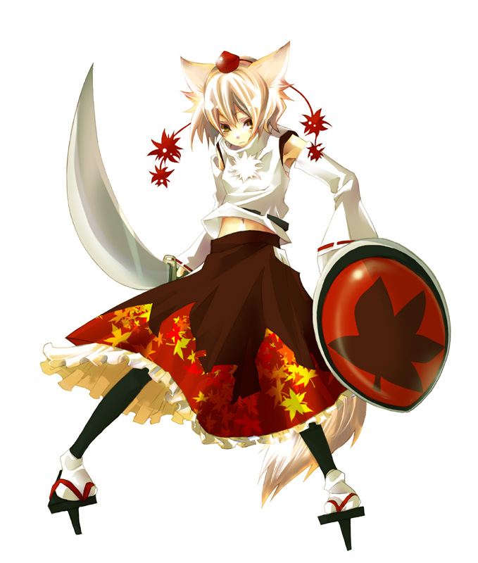 musou yuchi, yumesouyuchi, inubashiri momiji, touhou, 1girl, female focus, geta, pantyhose, sandals, solo, sword, tengu-geta, weapon, wolf ears