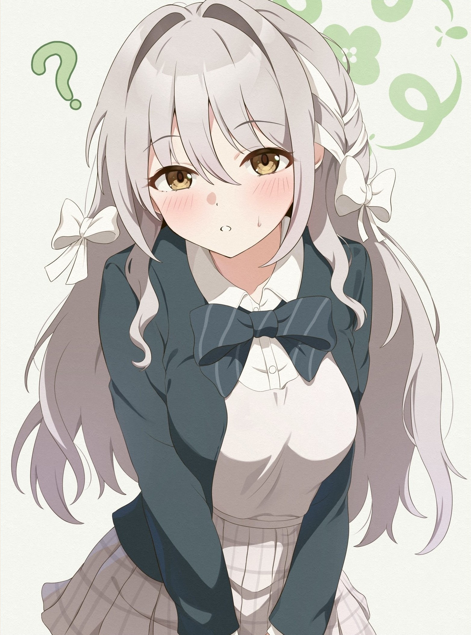 itaba atsushi, miyo (blue archive), blue archive, highres, 1girl, ?, black bow, black bowtie, bow, bowtie, breasts, brown eyes, green halo, grey background, grey hair, grey skirt, hair between eyes, hair bow, halo, long hair, long sleeves, looking at viewer, medium breasts, plaid clothes, plaid skirt, simple background, skirt, solo, striped bow, striped bowtie, striped clothes, white bow