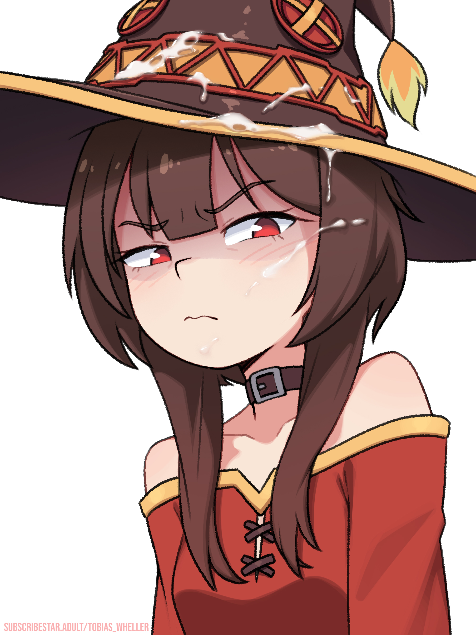 tobias wheller, megumin, kono subarashii sekai ni shukufuku wo!, absurdres, commentary, english commentary, highres, 1girl, annoyed, artist name, bare shoulders, belt collar, blush, brown collar, brown hair, button eyes, buttons, collar, collarbone, cum, cum on body, cum on headwear, dress, facial, frown, hat, off-shoulder dress, off shoulder, red dress, red eyes, short hair with long locks, simple background, solo, upper body, white background, witch hat