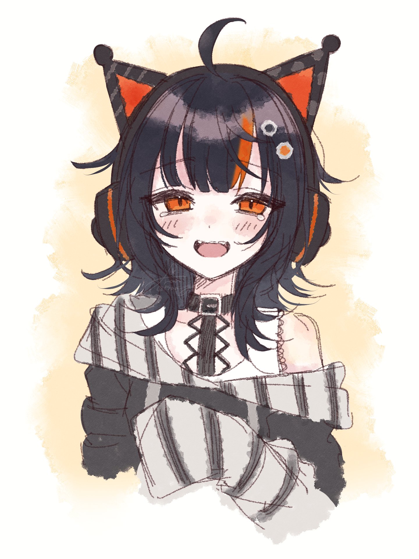 fran vg, mahou shoujo no majo saiban, highres, 1girl, ahoge, animal ear headphones, animal ears, black choker, black hair, cat ear headphones, cat ears, choker, eyeball hair ornament, fake animal ears, headphones, hime cut, magical girl, open mouth, orange eyes, orange streaks, sawatari koko, sharp teeth, simple background, single off shoulder, sketch, sleeves past fingers, sleeves past wrists, solo, tearing up, teeth