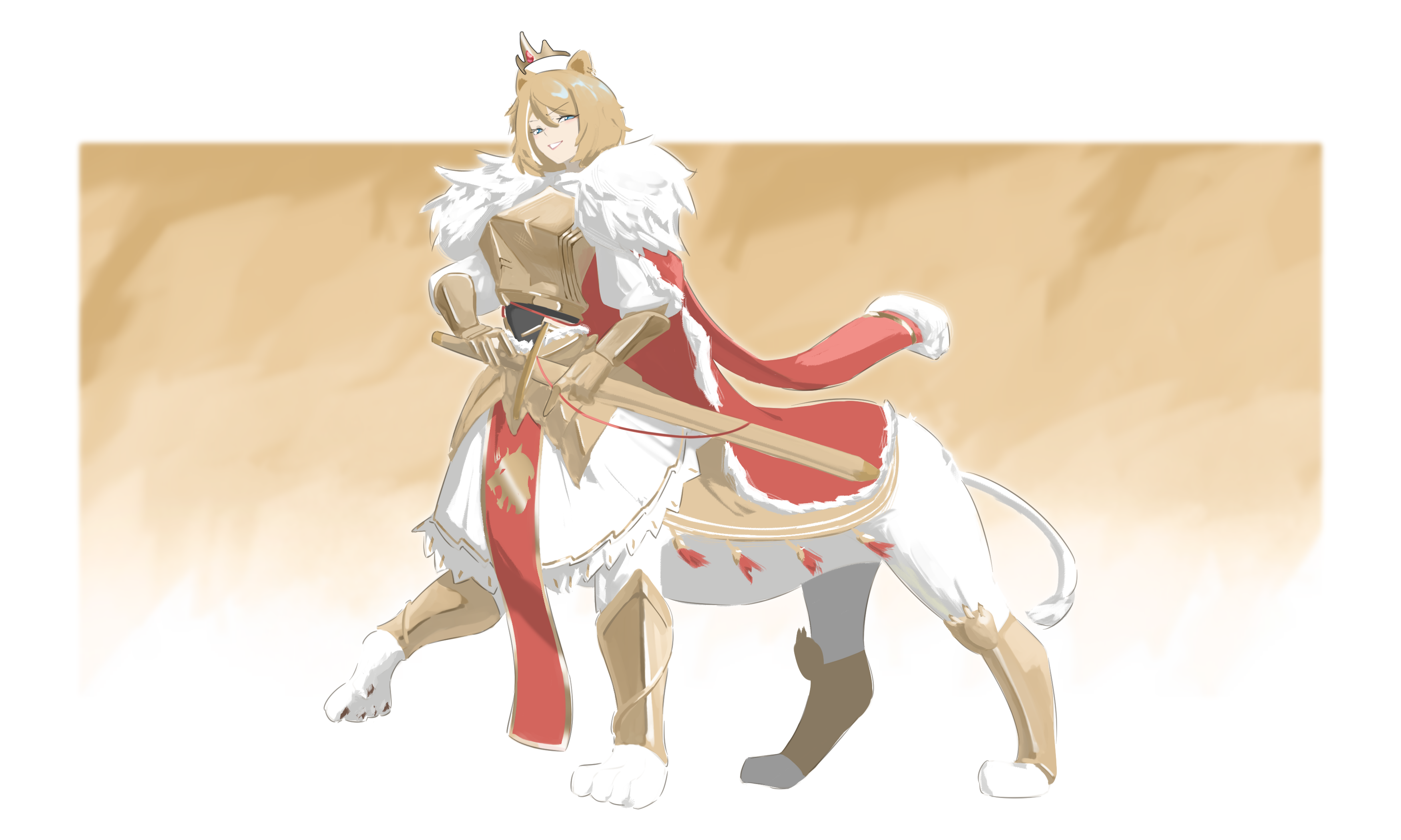 swiz667, original, absurdres, commentary, highres, 1girl, animal ears, armor, blonde hair, blue eyes, centauroid, coat, coat on shoulders, crown, floating crown, full armor, full body, fur-tipped tail, fur-trimmed coat, fur trim, gauntlets, gold armor, hair between eyes, holding, holding sheath, holding sword, holding weapon, lion ears, lion girl, lion tail, looking at viewer, monster girl, multiple legs, parted lips, pawpads, pelvic curtain, red coat, sheath, sheathed, shin guards, short hair, skirt, smile, solo, standing, standing on three legs, sword, tail, taur, weapon, white skirt