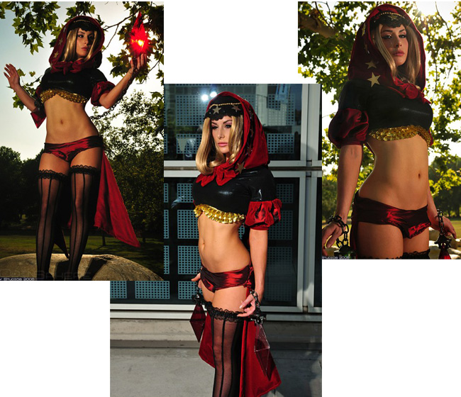 laura phillips, velvet (odin sphere), odin sphere, lace-trimmed legwear, looking away, cosplay photo, photo (medium), 1girl, abs, black thighhighs, blonde hair, bracelet, brown eyes, chain, collage, cosplay, crop top, crystal, glowing, holding, hood, jewelry, lace, lace trim, leaf, lipstick, long hair, looking at viewer, makeup, midriff, multiple views, nature, navel, outdoors, outstretched arms, profile, rock, see-through clothes, shadow, short shorts, shorts, sidelocks, skirt, sky, spread arms, standing, star (symbol), striped clothes, striped thighhighs, thighhighs, zettai ryouiki