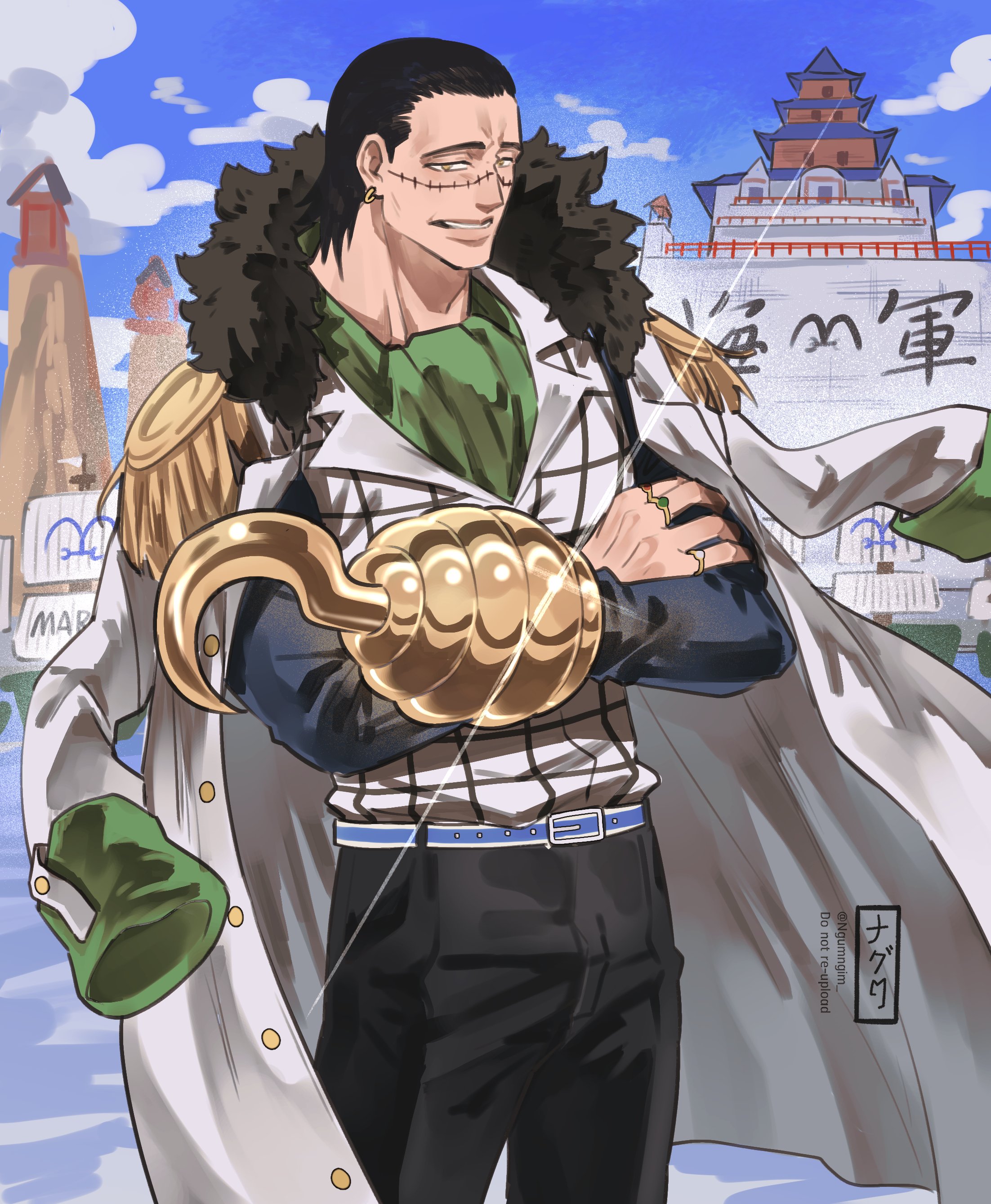 ngumngim, crocodile (one piece), one piece, absurdres, commentary, highres, 1boy, ascot, belt, black hair, black pants, blue sky, coat, crossed arms, earrings, epaulettes, glint, hook hand, jewelry, male focus, mature male, pants, parted lips, ring, shirt, short hair, signature, sky, solo, stitched face, stitches, white belt, white coat, white shirt