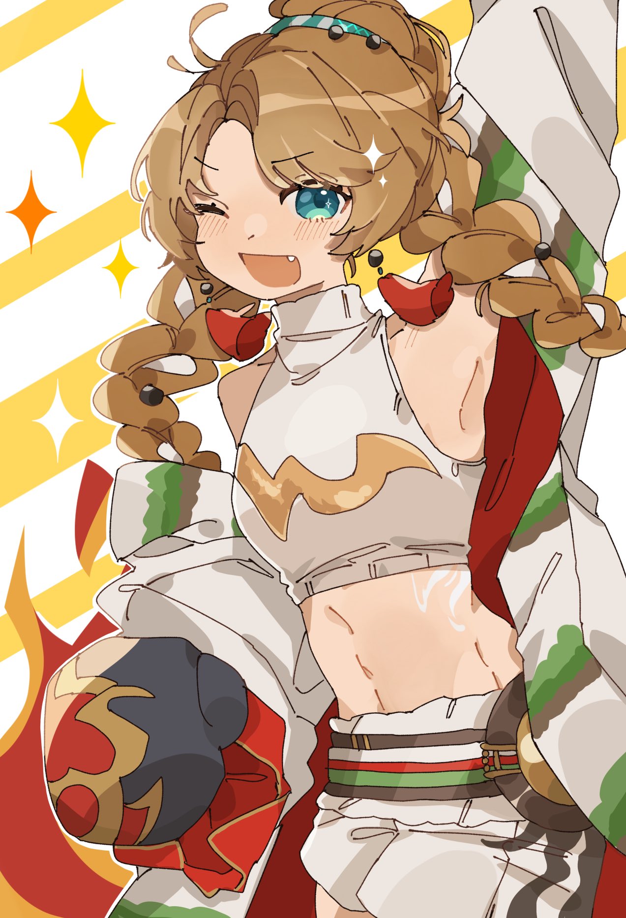 ms r r, spathodea (reverse:1999), reverse:1999, highres, 1girl, ;d, arm up, blue eyes, boxing gloves, braid, brown hair, coat, cowboy shot, fang, low twin braids, midriff, navel, one eye closed, open mouth, shirt, shorts, sleeveless, sleeveless shirt, smile, solo, sparkle, twin braids, white coat, white shirt, white shorts