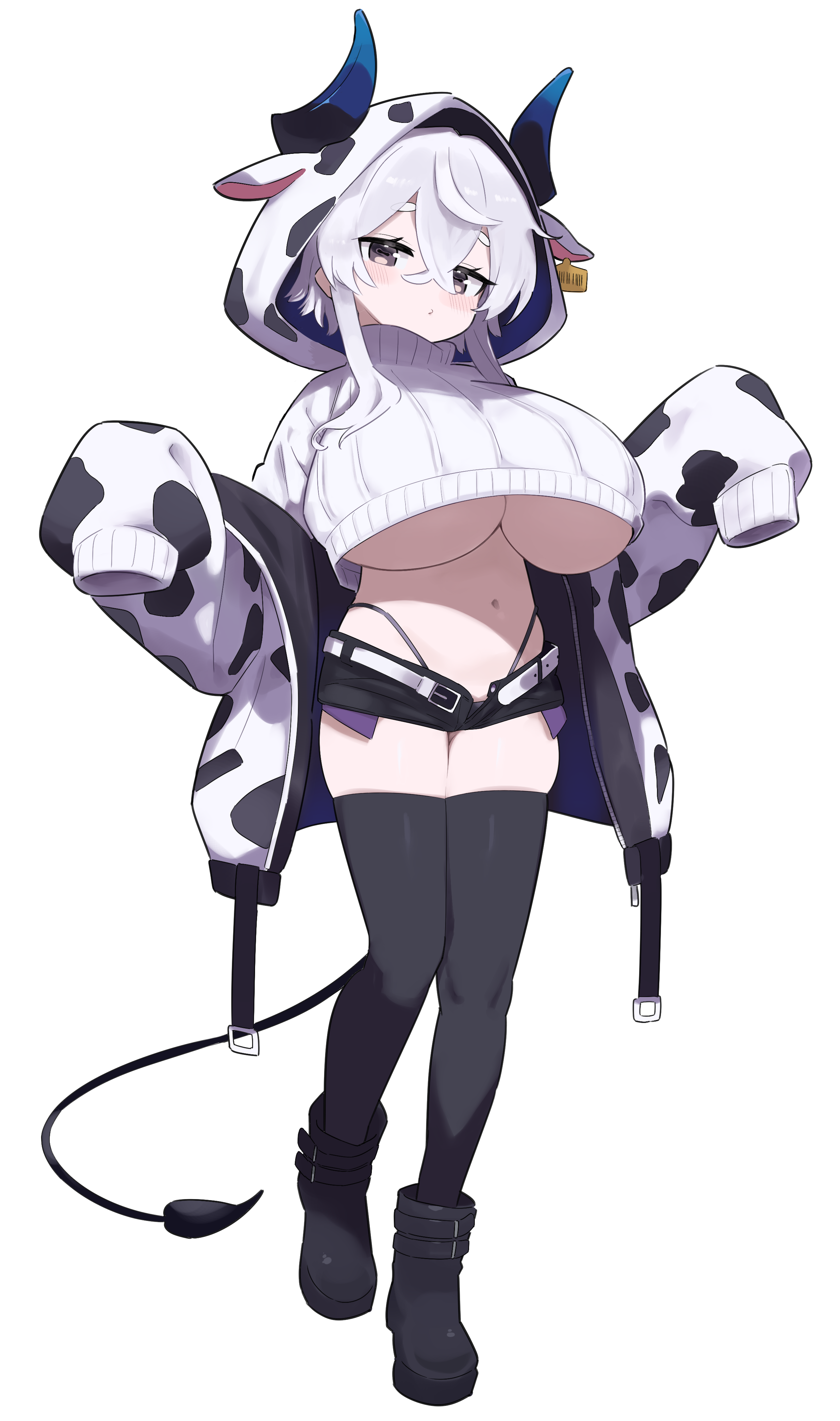 matcha (mattyan), original, absurdres, highres, revision, 1girl, animal ear hood, animal ears, animal print, belt, black eyes, black shoes, black shorts, black thighhighs, blue horns, breasts, closed mouth, cow ears, cow print, cow print jacket, cropped sweater, demon girl, demon horns, demon tail, ear tag, fake animal ears, full body, highleg, highleg panties, hood, hood up, hooded jacket, horizontal pupils, horns, huge breasts, jacket, long hair, long sleeves, looking at viewer, micro shorts, navel, open clothes, open jacket, open shorts, panties, panty straps, print jacket, shoes, shorts, simple background, sleeves past fingers, sleeves past wrists, solo, sweater, tachi-e, tail, thick eyebrows, thighhighs, transparent background, underboob, underwear, white belt, white hair, white sweater