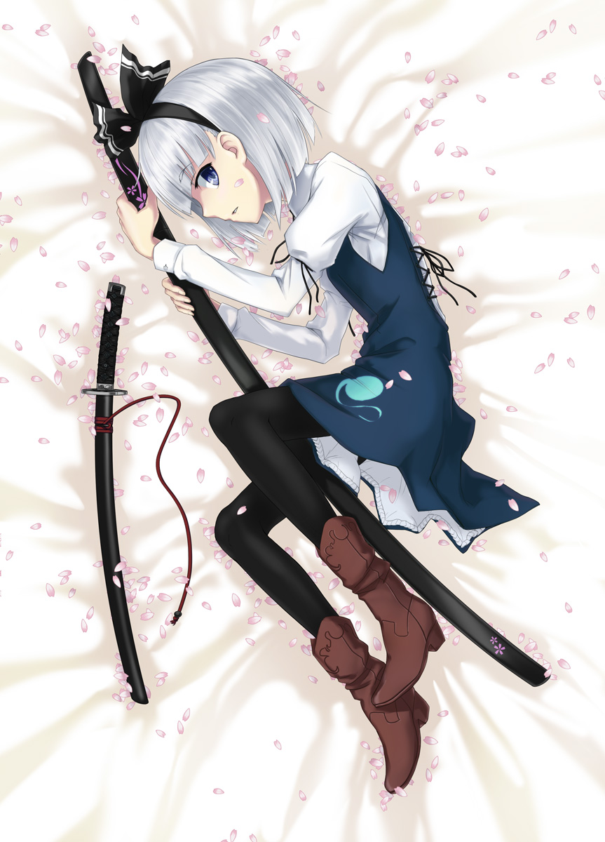 y/n, konpaku youmu, touhou, highres, 1girl, dress, female focus, full body, katana, pantyhose, ribbon, short hair, solo, sword, weapon