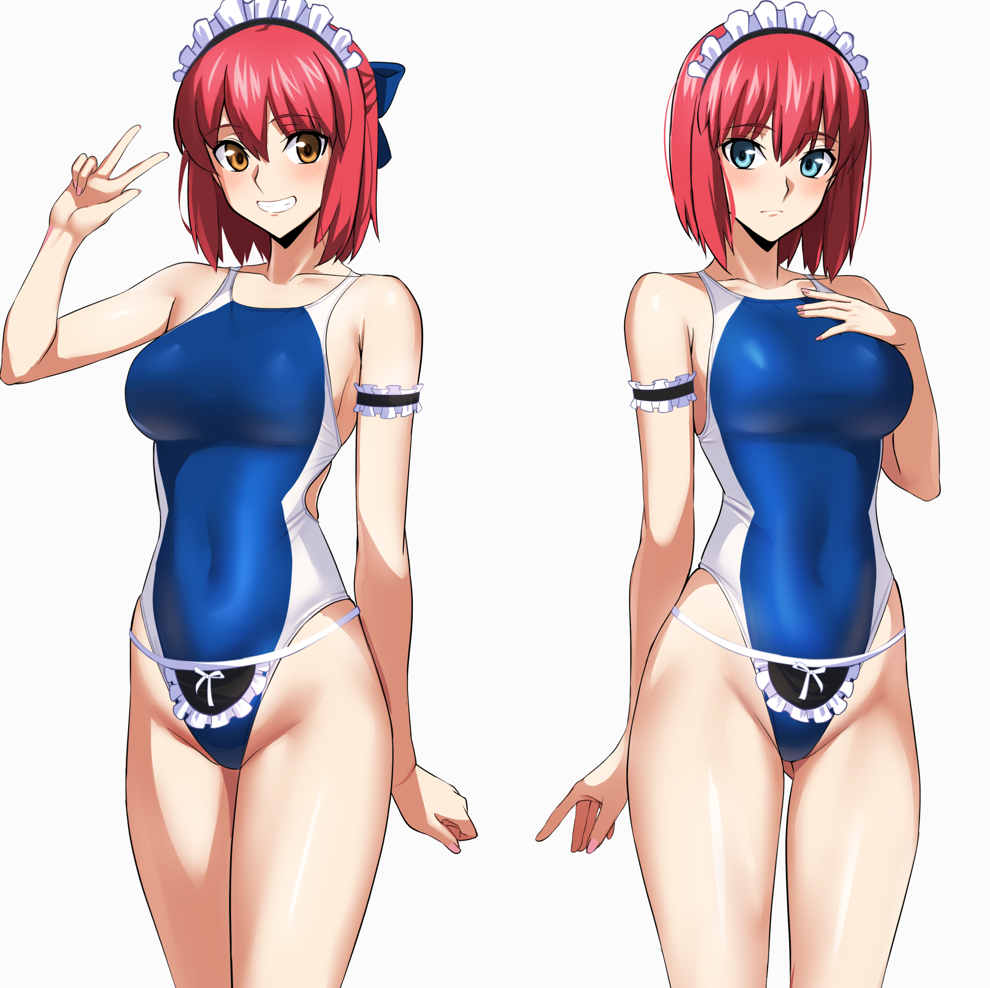 yoo tenchi, hisui (tsukihime), kohaku (tsukihime), tsukihime, commission, highres, pixiv commission, 2girls, apron, blue eyes, blue one-piece swimsuit, bow, breasts, brown eyes, closed mouth, frilled apron, frills, hair bow, highleg, highleg one-piece swimsuit, looking at viewer, maid, maid apron, maid headdress, multiple girls, multiple views, one-piece swimsuit, one eye closed, red hair, short hair, siblings, sisters, smile, swimsuit, two-tone one-piece swimsuit, unconventional maid, white background