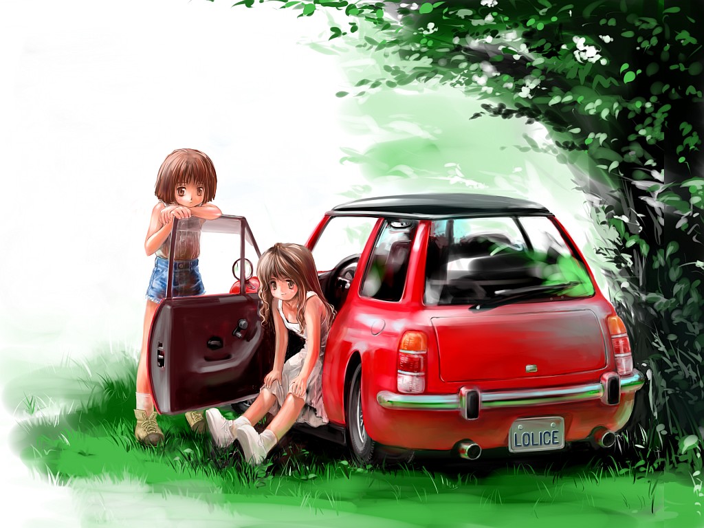 chikin, mini cooper, 1girl, brown hair, car, denim, denim shorts, dress, female focus, left-hand drive, long hair, motor vehicle, nature, short hair, shorts, solo, vehicle focus