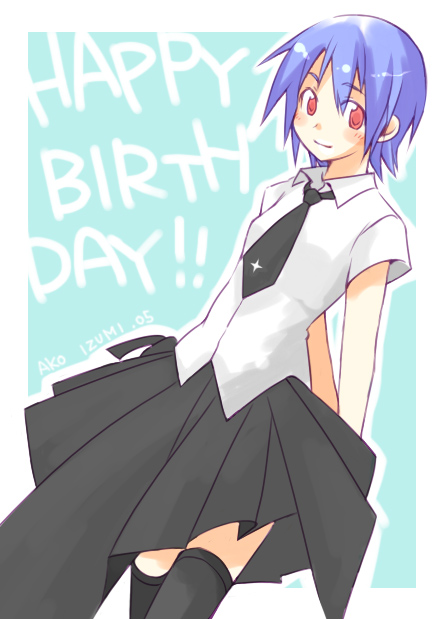 izumi ako, mahou sensei negima!, 00s, 1girl, arms behind back, black thighhighs, blue hair, blush, female focus, flat chest, happy birthday, necktie, pink eyes, short hair, skirt, smile, solo, thighhighs