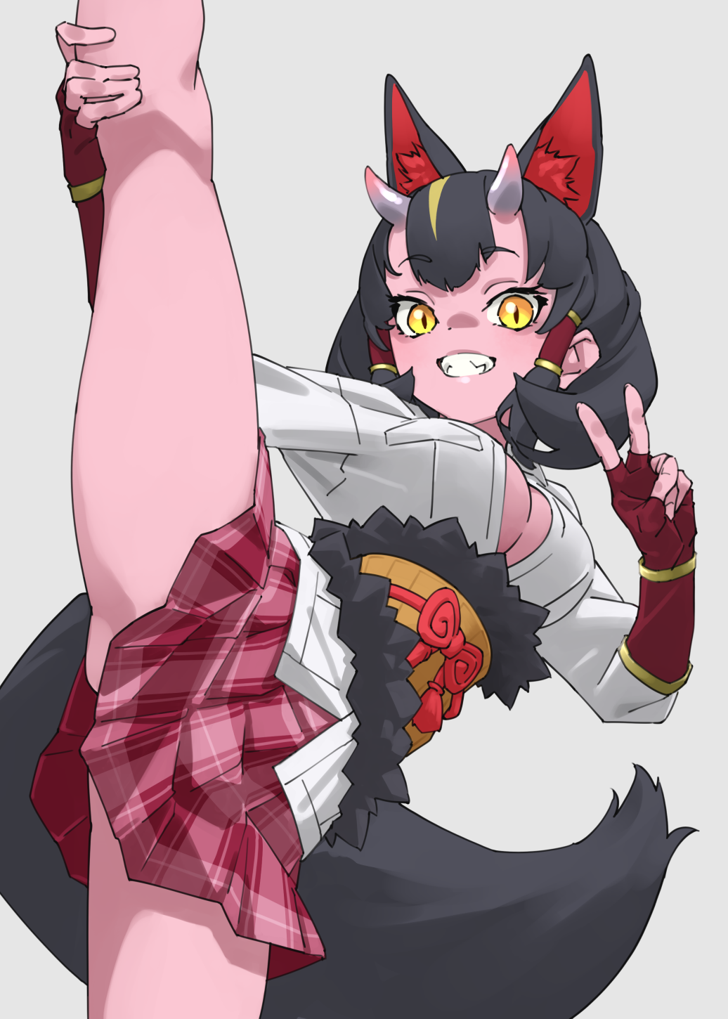 tanabe (fueisei), kemono friends, commentary, highres, 1girl, animal ear fluff, animal ears, bare legs, black hair, breasts, colored skin, extra ears, fingerless gloves, fox ears, fox tail, gloves, grey background, grin, hair tubes, hand on own leg, horns, kinkaku (kemono friends), large breasts, leg up, long sleeves, pink skin, pink skirt, plaid clothes, plaid skirt, pleated skirt, red gloves, shirt, simple background, skirt, smile, solo, split, standing, standing on one leg, standing split, tail, untucked shirt, v, white shirt