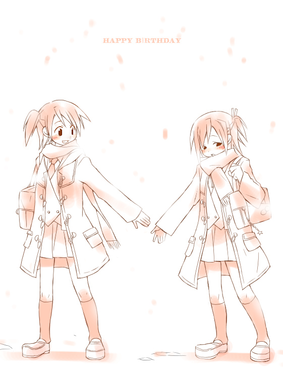sakugo, akashi yuuna, sasaki makie, mahou sensei negima!, 00s, 2girls, bag, blush, coat, happy birthday, kneehighs, monochrome, multiple girls, necktie, outstretched arm, outstretched hand, pink theme, reaching, scarf, school bag, school uniform, shoes, short hair, short twintails, skirt, smile, snow, socks, twintails