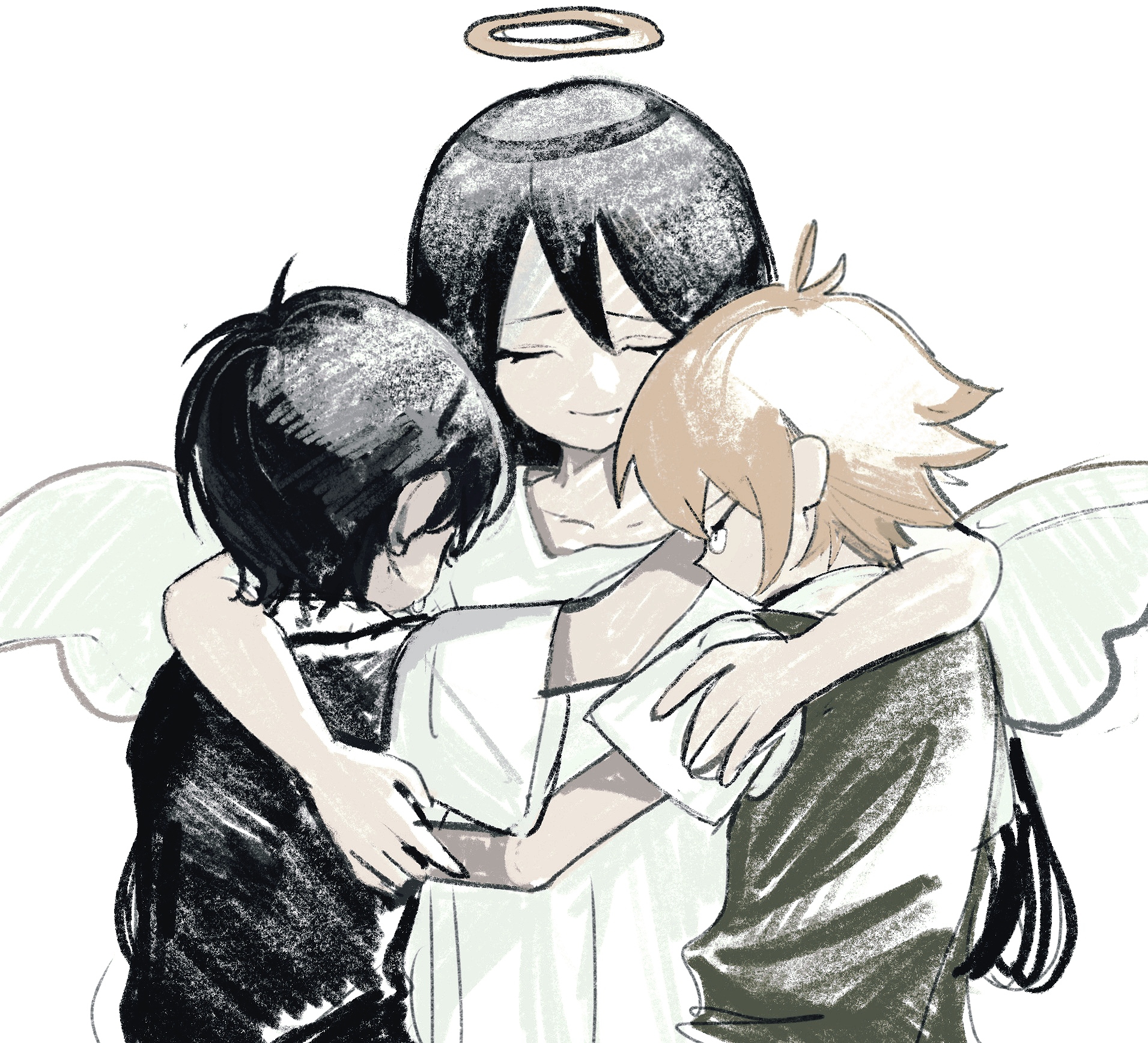basil (faraway) (omori), basil (omori), mari (omori), mari (spirit) (omori), sunny (omori), omori, chinese commentary, commentary request, highres, spoilers, 1girl, 2boys, angel wings, antenna hair, bare arms, black hair, black sweater vest, blonde hair, brother and sister, closed eyes, closed mouth, collarbone, collared shirt, double-parted bangs, green sweater vest, hair between eyes, halo, hug, long hair, multiple boys, profile, shirt, short hair, short sleeves, siblings, simple background, smile, sweater vest, tearing up, u u, ukasia, upper body, white background, white shirt, white wings, wings, yellow halo
