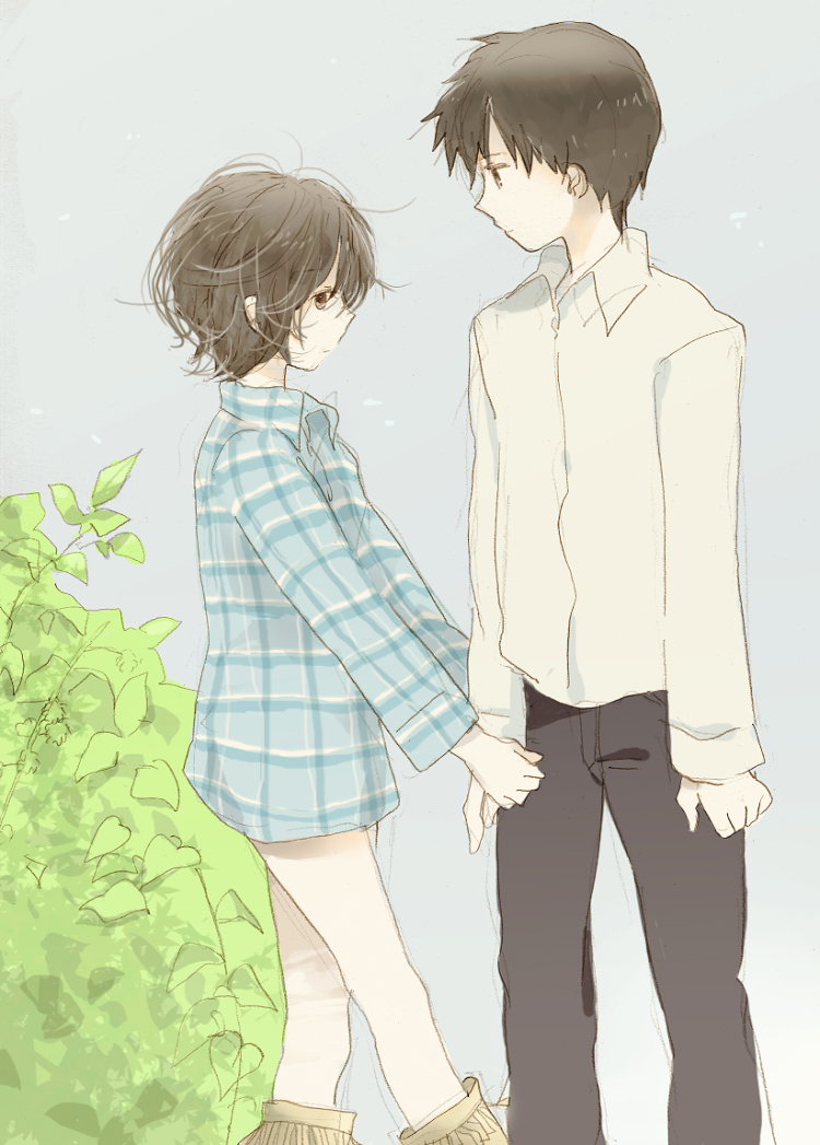 yoshioka mitsuko, 1boy, 1girl, black hair, brown hair, bush, couple, from side, grey background, hetero, hidden eyes, long sleeves, pants, plant, profile, shaded face, short hair, simple background, standing
