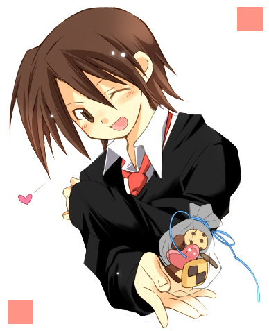 wawaway, akashi yuuna, mahou sensei negima!, lowres, 00s, 1girl, ;d, androgynous, bag, blush, brown eyes, brown hair, collared shirt, cookie, female focus, food, long sleeves, looking at viewer, one eye closed, open mouth, shirt, sleeves past wrists, smile, solo, transparent, upper body, white shirt