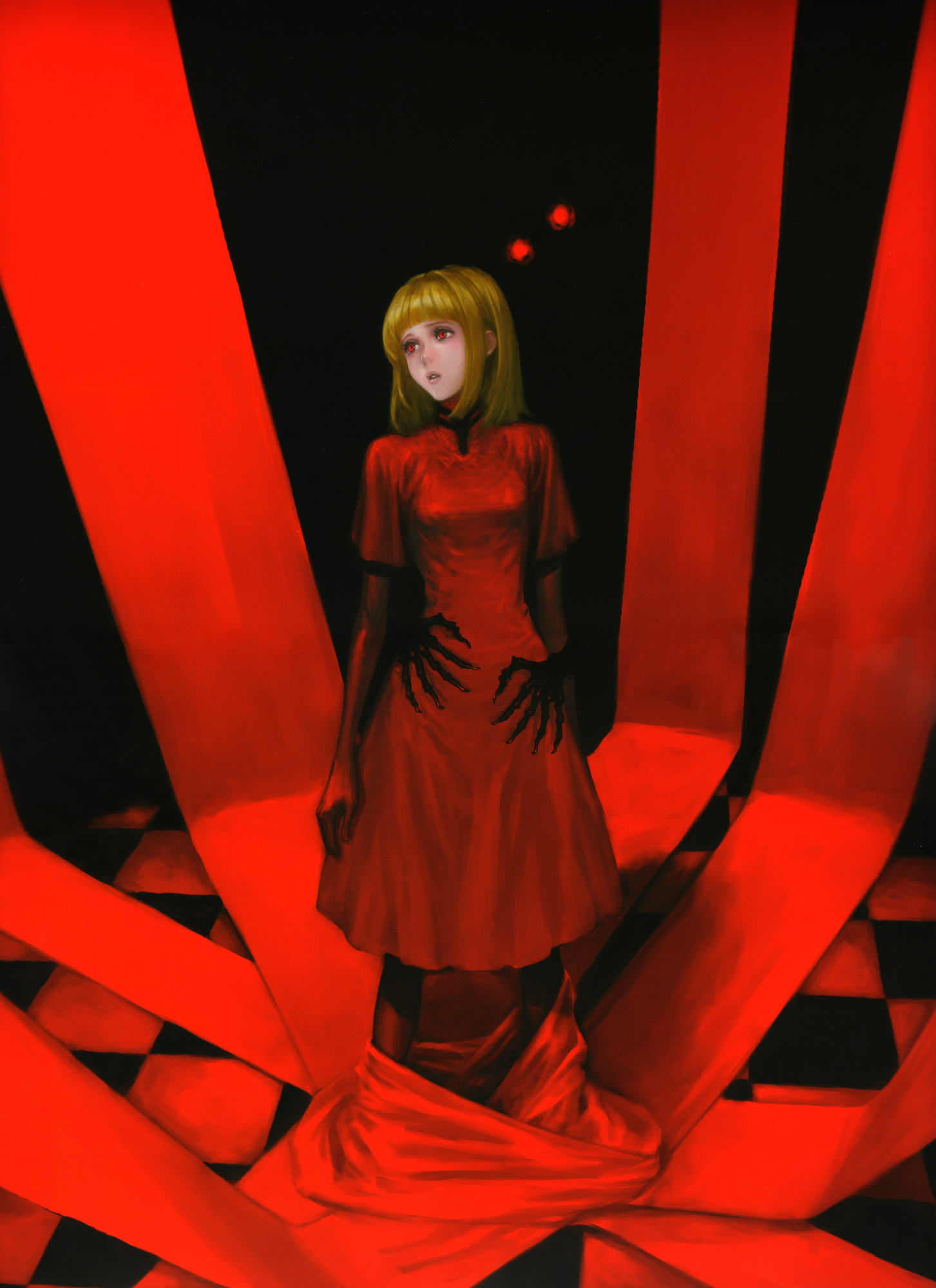 fujisaka kimihiko, manah, drag-on dragoon, drag-on dragoon 2, artbook, highres, official art, scan, 1girl, blonde hair, dress, female focus, red background, red dress, red eyes, red theme, red thighhighs, short hair, solo, thighhighs