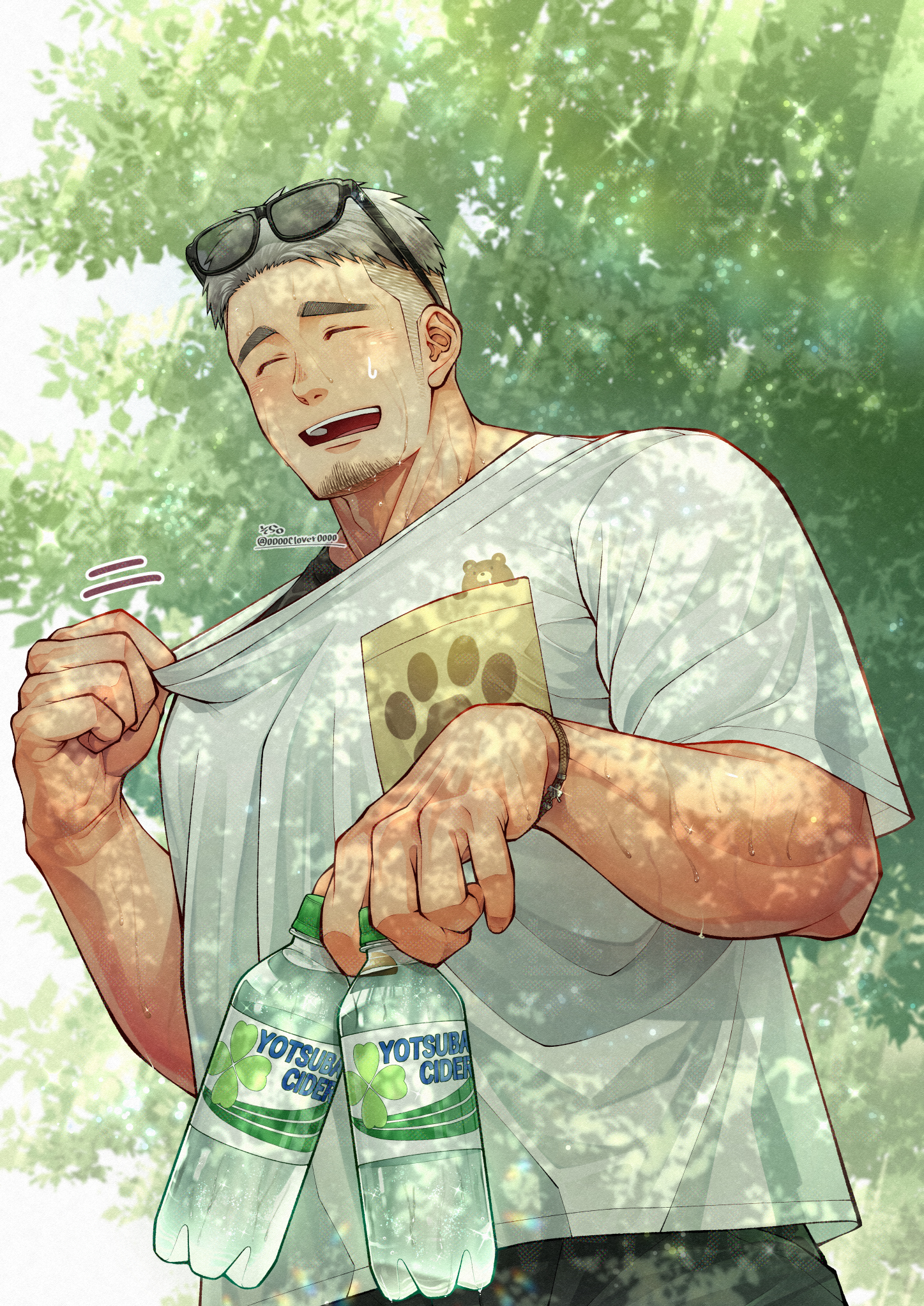 04sora40, original, highres, 1boy, black-framed eyewear, blush, bottle, bracelet, closed eyes, collar tug, dappled sunlight, eyewear on head, facial hair, facing viewer, goatee stubble, grey hair, holding, holding bottle, jewelry, male focus, open mouth, print shirt, shirt, short hair, short sleeves, smile, solo, stubble, sunlight, sweat, teeth, thick eyebrows, tree, undercut, upper body, upper teeth only, water bottle, white shirt