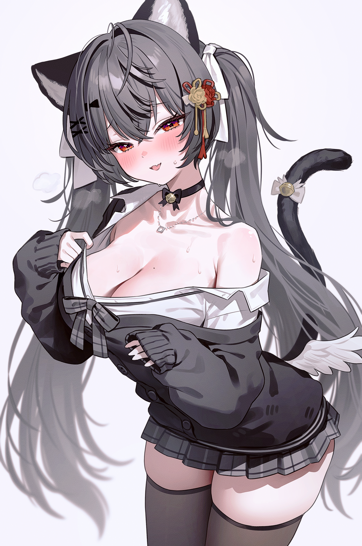 fymrie, original, commission, highres, 1girl, animal ears, armpit crease, bare shoulders, black cardigan, black choker, black hair, black skirt, blush, bow, breasts, brown thighhighs, cardigan, cat ears, cat girl, cat tail, choker, cleavage, clothes pull, cowboy shot, curvy, fang, hair bow, hair ornament, heavy breathing, jewelry, large breasts, long hair, long sleeves, looking at viewer, miniskirt, mole, mole on breast, necklace, off shoulder, open mouth, pleated skirt, pulling own clothes, red eyes, shirt, shirt pull, simple background, skindentation, skirt, smile, solo, sweat, tail, tail raised, thick thighs, thighhighs, thighs, twintails, very long hair, white background, white shirt, zettai ryouiki