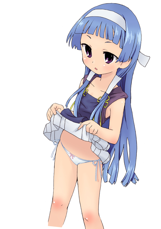 homing (areya), nagi, kannagi, bad id, bad pixiv id, 00s, 1girl, black eyes, black shirt, blue hair, blunt bangs, blush, bow, bow panties, clothes lift, collarbone, female focus, flat chest, hair tubes, hairband, loli, long hair, lowleg, lowleg panties, open mouth, panties, pleated skirt, shirt, side-tie panties, skirt, skirt lift, solo, standing, tank top, underwear, upskirt, white background, white panties, white skirt