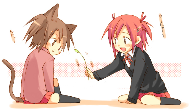 akashi yuuna, sasaki makie, mahou sensei negima!, 00s, 2girls, animal ears, cat ears, cat tail, cat teaser, full body, long sleeves, miniskirt, motion lines, multiple girls, plaid clothes, plaid skirt, red skirt, simple background, sitting, skirt, sweater, tail, wariza, white background