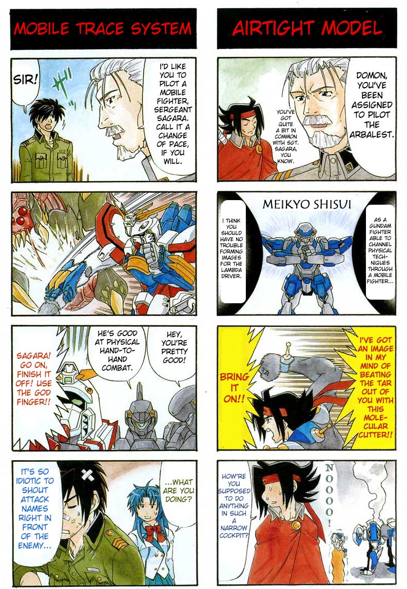 andrei sergeivich kalinin, arx-7 arbalest, chidori kaname, domon kasshu, sagara sousuke, seki tomokazu, teletha testarossa, banpresto, full metal panic!, g gundam, gundam, super robot wars, super robot wars judgement, tekkaman blade, 00s, 1990s (style), 1girl, 3boys, 4koma, comic, english text, multiple 4koma, multiple boys, radam, retro artstyle, voice actor connection