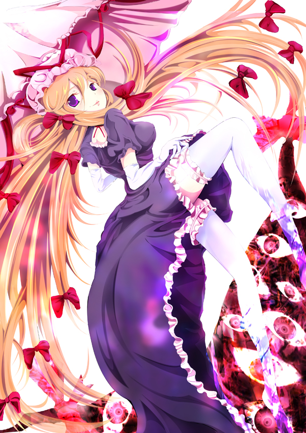 teruru, yakumo yukari, touhou, 1girl, dress, elbow gloves, female focus, gloves, long hair, solo, thighhighs, white gloves, white thighhighs