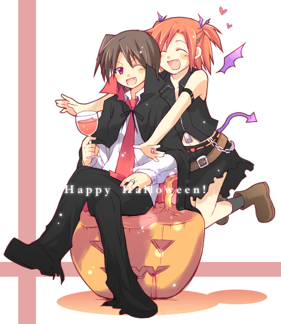 akashi yuuna, sasaki makie, mahou sensei negima!, 00s, 1boy, 1girl, alcohol, bat wings, belt, black dress, brown hair, cape, crossed legs, cup, demon tail, dress, drinking glass, halloween, happy halloween, jack-o'-lantern, necktie, orange hair, pants, pumpkin, shoes, short hair, sitting, skirt, tail, two side up, wine, wine glass, wings