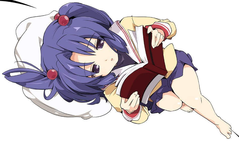 ixy, ichinose kotomi, clannad, 00s, barefoot, book, feet, hair bobbles, hair ornament, open book, pillow, purple eyes, purple hair, reading, school uniform, solo, twintails, two side up