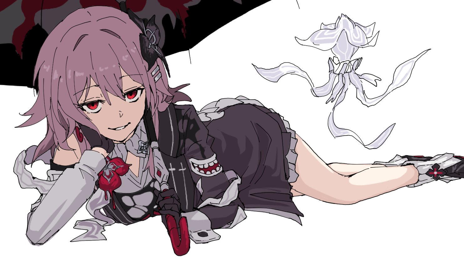 momomatang, evernight (honkai: star rail), march 7th (honkai: star rail), honkai: star rail, honkai (series), 1girl, black dress, black gloves, black umbrella, dress, full body, gloves, hand on own face, head on hand, head rest, holding, holding umbrella, jellyfish, long hair, looking ahead, looking at viewer, lying, on stomach, pink hair, red eyes, simple background, smile, solo, umbrella, white background