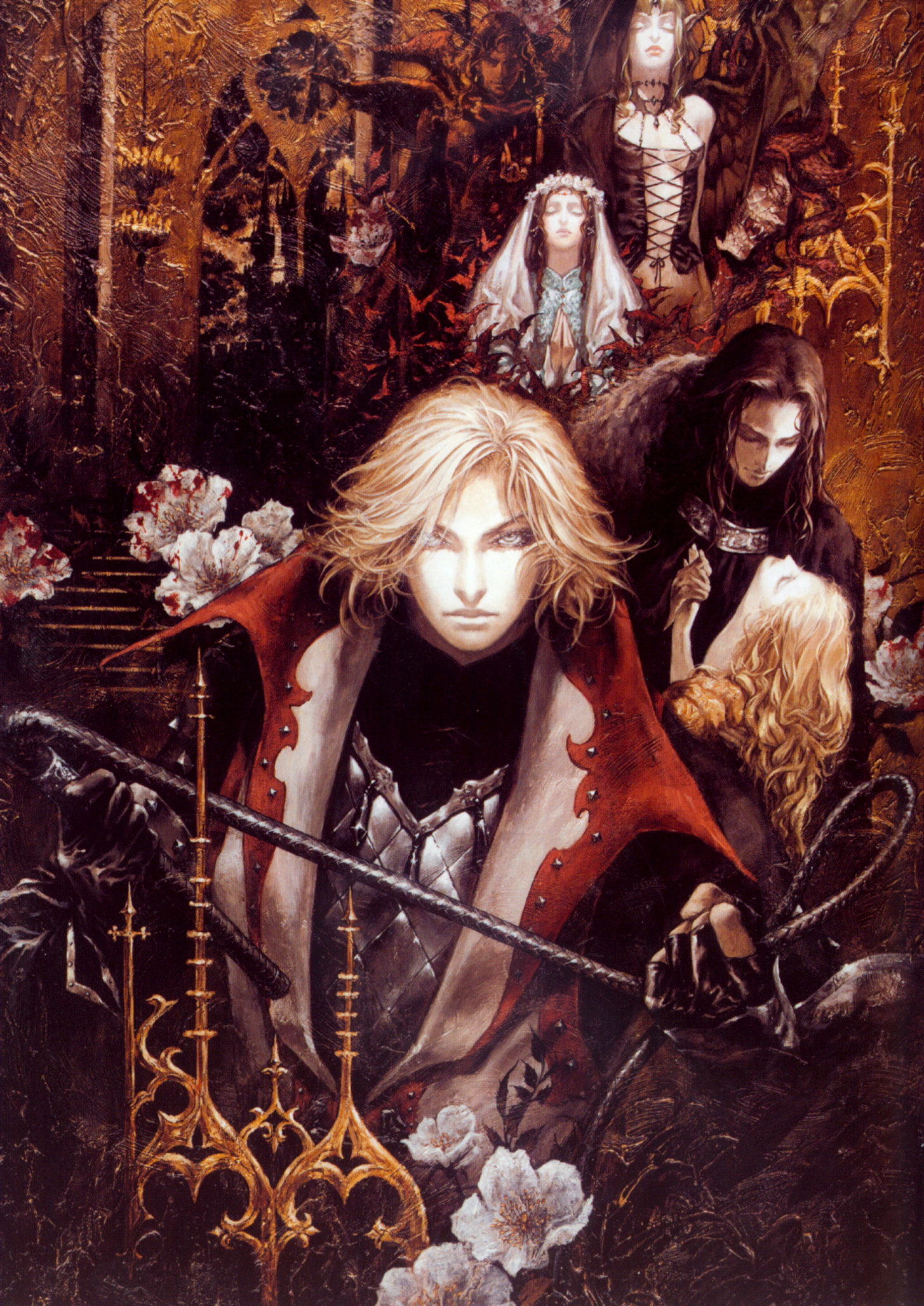 kojima ayami, elisabetha cronqvist, leon belmont, mathias cronqvist, sara trantoul, castlevania: lament of innocence, castlevania (series), konami, charcoal (medium), highres, non-web source, official art, oil painting (medium), painting (medium), traditional media, 3boys, 3girls, androgynous, bat (animal), blonde hair, blood, demon girl, flower, goth fashion, multiple boys, multiple girls, scales, snake hair, whip
