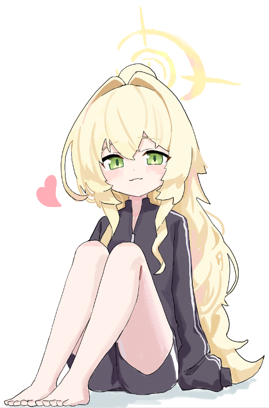 rihitonn, professor niyaniya (blue archive), blue archive, blonde hair, green eyes, gym uniform, halo, heart, long hair, looking at viewer, simple background, sitting, white background