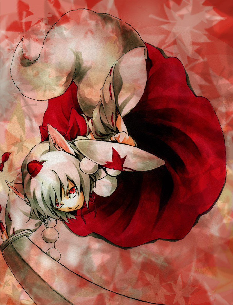 itsu, ritz (h322), inubashiri momiji, touhou, silver hair, bad id, bad pixiv id, 1girl, animal ears, detached sleeves, female focus, hat, looking up, red eyes, shield, solo, sword, tail, tokin hat, weapon, wolf ears, wolf tail