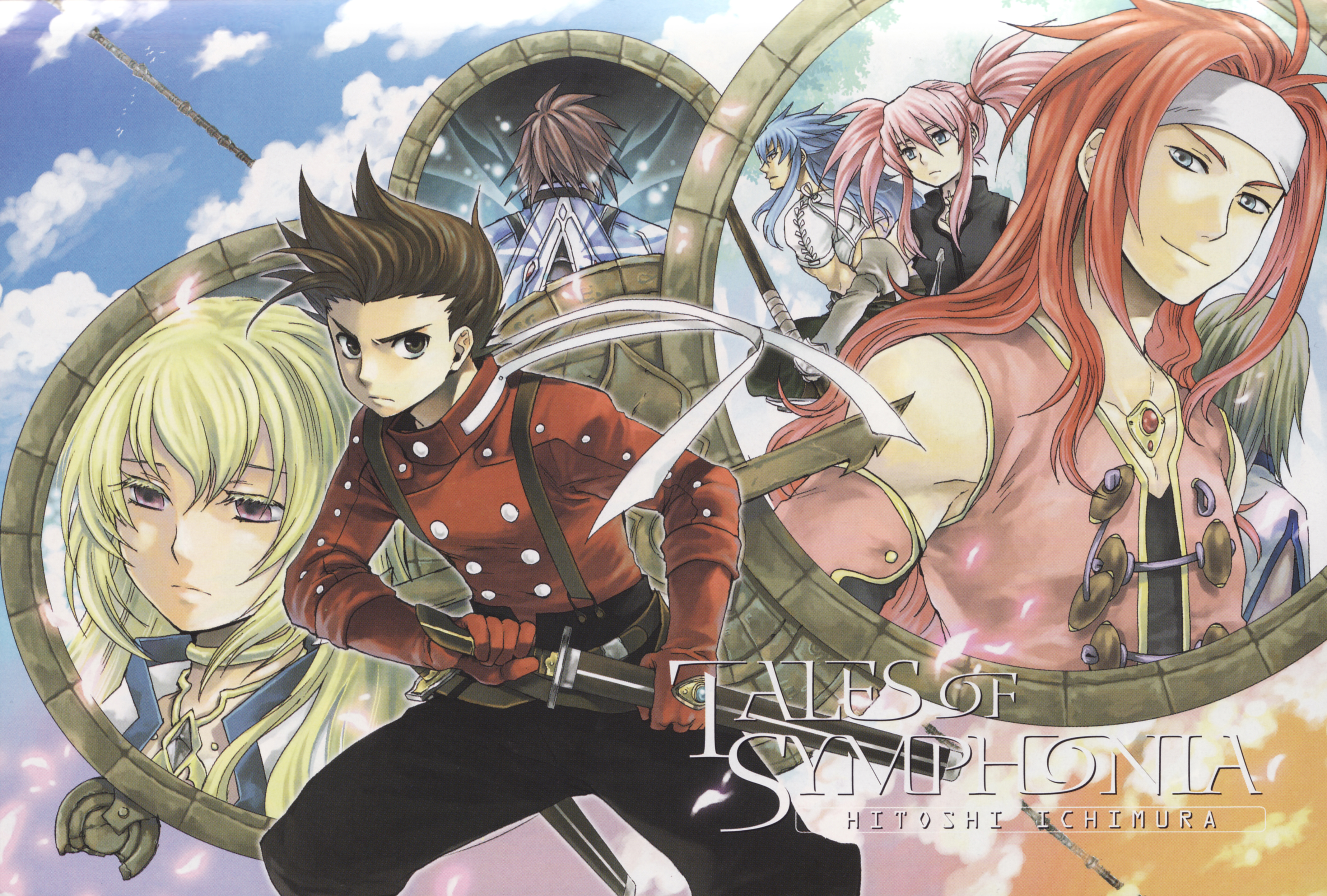 ichimura hitoshi, colette brunel, kratos aurion, lloyd irving, mithos yggdrasill, presea combatir, raine sage, regal bryan, zelos wilder, tales of (series), tales of symphonia, absurdres, highres, official art, 00s, 2girls, 5boys, blonde hair, blue hair, brown eyes, brown hair, cloud, copyright name, day, elbow gloves, everyone, gloves, headband, long hair, multiple boys, multiple girls, official alternate costume, pink hair, red eyes, red hair, red shirt, shirt, short hair, sky, sword, twintails, weapon