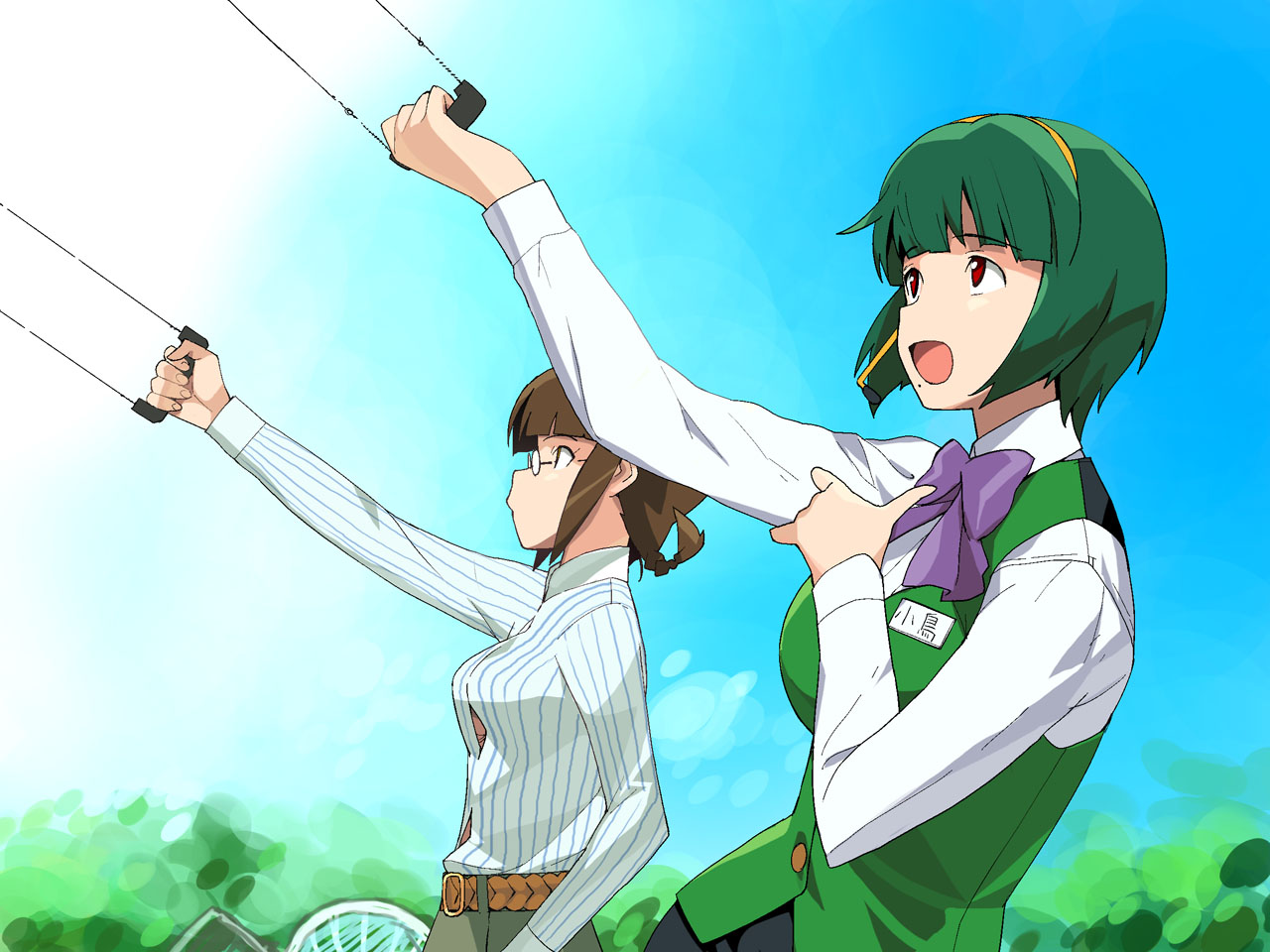 a1 (initial-g), akizuki ritsuko, otonashi kotori, idolmaster, idolmaster (classic), idolmaster 1, 00s, 2girls, braid, brown eyes, brown hair, glasses, green hair, mole, mole under mouth, multiple girls, red eyes, short hair