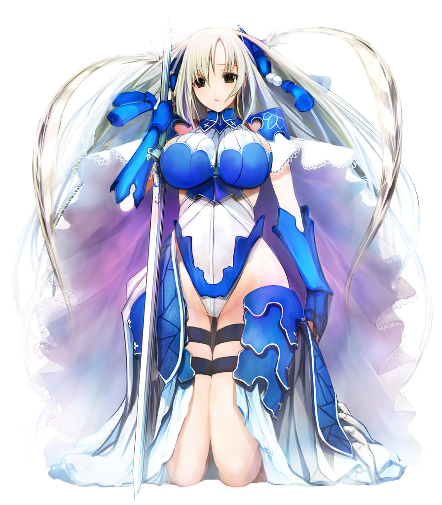 pupps, shuuki (sangokushi taisen), original, sangokushi taisen, 1girl, armor, black eyes, breasts, cape, cross, female focus, fingerless gloves, gloves, hair ornament, impossible clothes, kneeling, lace, large breasts, long hair, skirt, solo, sword, thigh gap, thigh strap, twintails, very long hair, weapon, white hair, wide hips