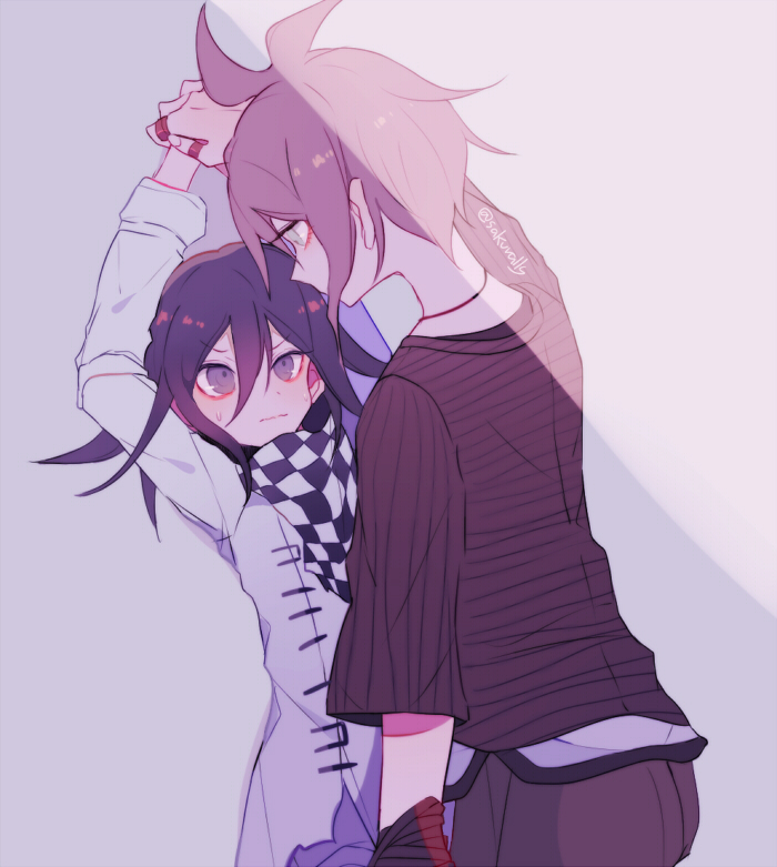 sakura (fein5862817), amami rantaro, oma kokichi, danganronpa (series), danganronpa v3: killing harmony, commentary request, 2boys, aegyo sal, against wall, antenna hair, arm belt, belt, black scarf, bracelet, checkered clothes, checkered scarf, closed mouth, cowboy shot, denim, dot nose, expressionless, eyelashes, face-to-face, flustered, from behind, green eyes, green hair, grey hair, grey pants, hair between eyes, height difference, holding another's wrist, jacket, jeans, jewelry, kabedon, long hair between eyes, long sleeves, male focus, medium hair, messy hair, multiple belts, multiple boys, multiple bracelets, multiple rings, necklace, nervous sweating, own hands together, pants, pocket, pointy nose, purple eyes, purple hair, ring, scarf, shade, shadow, shirt, short hair, simple background, standing, striped clothes, striped shirt, sweat, thigh belt, thigh strap, three-quarter sleeves, torn clothes, torn jacket, twitter username, two-tone scarf, undershirt, vertical-striped sleeves, wavy mouth, white background, white belt, white jacket, white pants, white scarf, yaoi