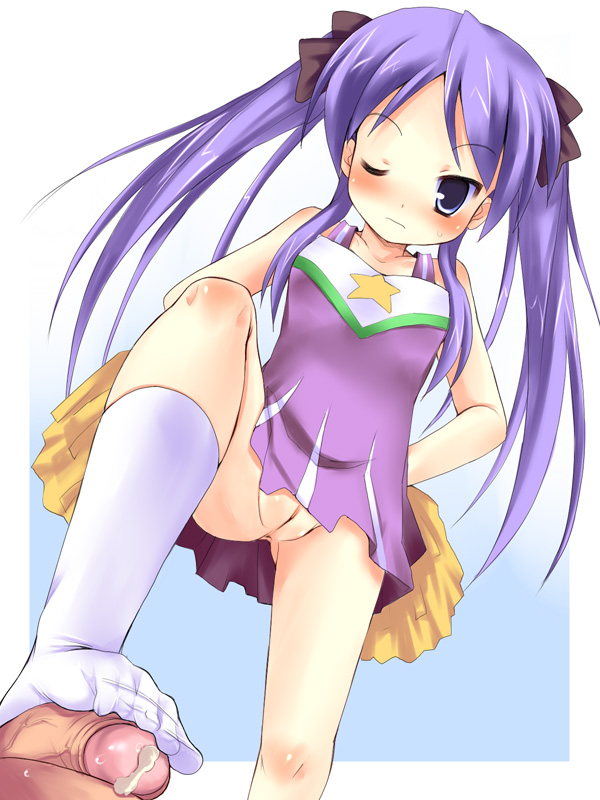 mofumofu (lorelei), hiiragi kagami, lucky star, 00s, 1girl, blue eyes, blush, cheerleader, cum, feet, femdom, footjob, loli, lolidom, long hair, no panties, one eye closed, penis, pom pom (cheerleading), purple hair, pussy, ribbon, socks, solo focus, standing, twintails, uncensored, upskirt, wink