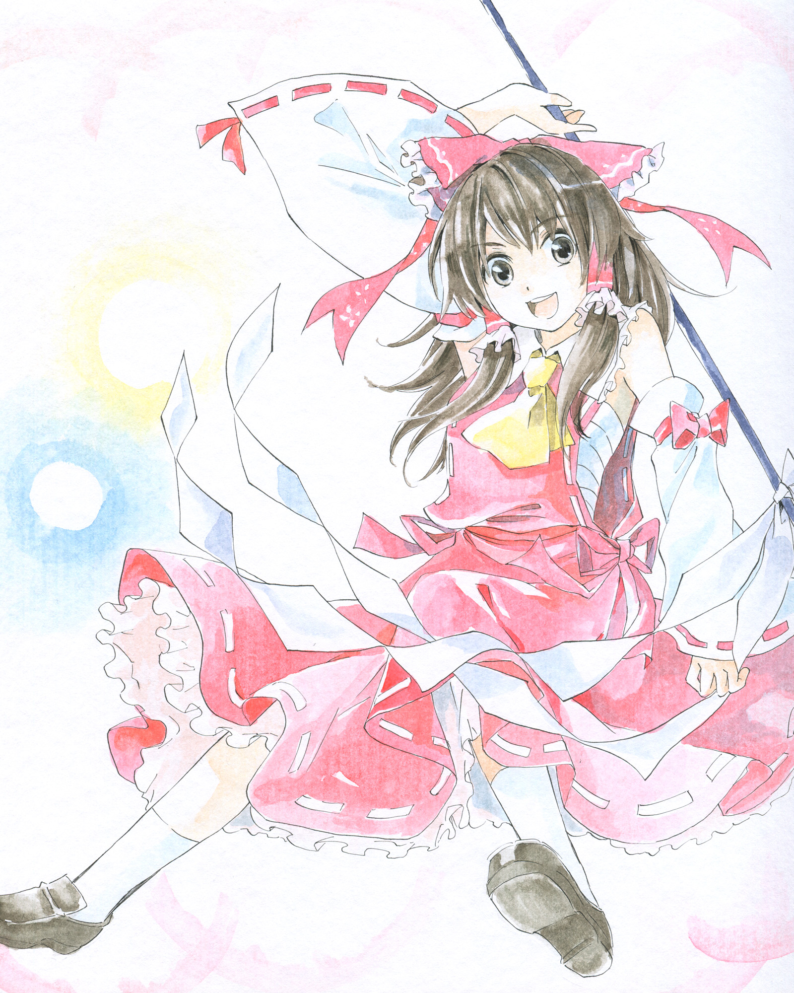 makuwauri, hakurei reimu, touhou, commentary request, highres, traditional media, 1girl, :d, ankle socks, arm up, ascot, black shoes, bow, brown eyes, brown hair, collared shirt, detached sleeves, frilled bow, frilled hair tubes, frilled skirt, frills, full body, gohei, hair bow, hair tubes, holding, holding gohei, long hair, long sidelocks, looking at viewer, open mouth, red bow, red shirt, red skirt, ribbon-trimmed skirt, ribbon trim, sarashi, shirt, shoes, sidelocks, skirt, skirt set, sleeve ribbon, sleeveless, sleeveless shirt, smile, socks, solo, teeth, upper teeth only, white background, white socks, wide sleeves, yellow ascot