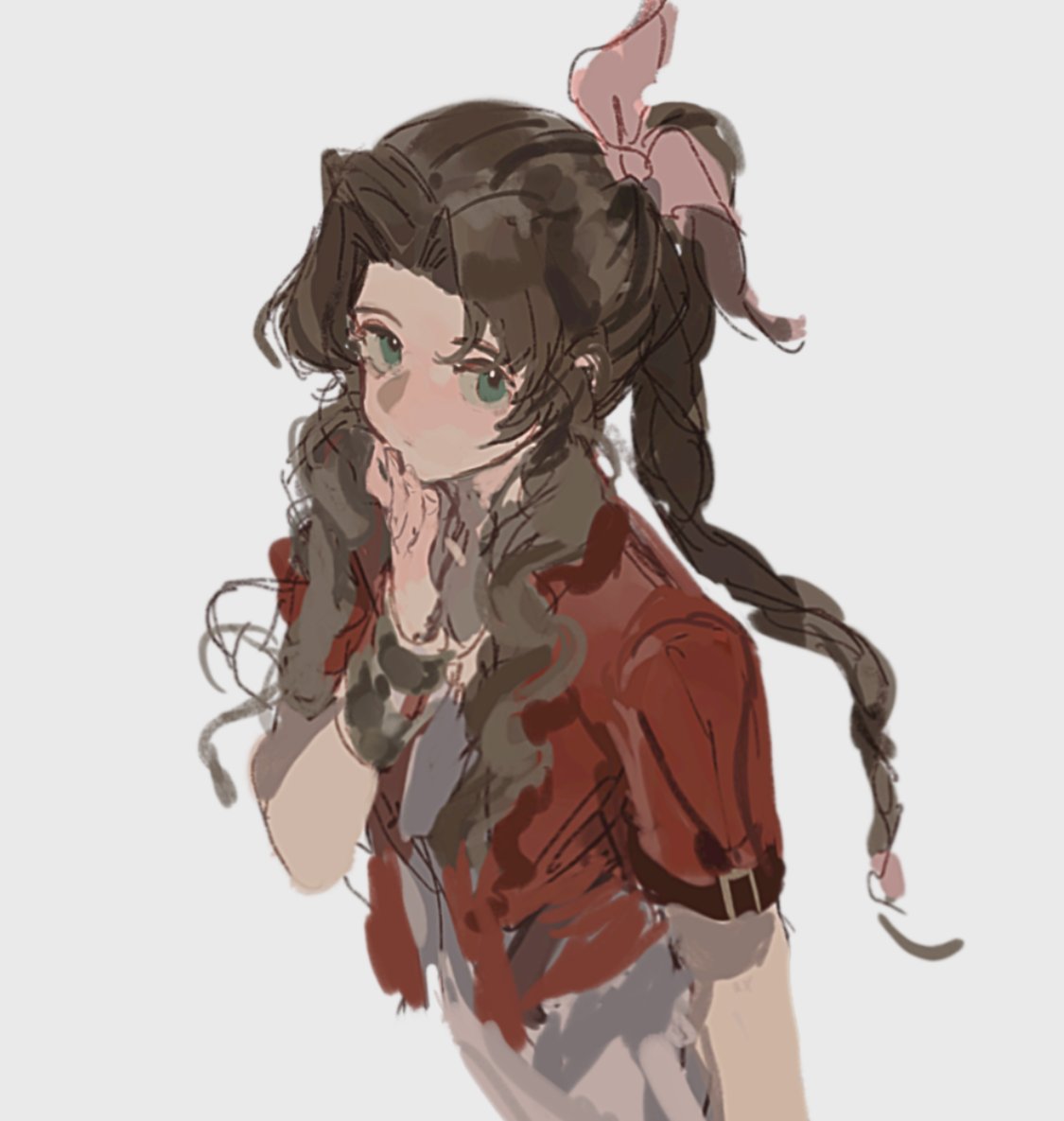 xiao dao (kojimarie), aerith gainsborough, final fantasy, final fantasy vii, final fantasy vii remake, 1girl, bow, braid, braided ponytail, brown hair, closed mouth, dot mouth, dress, from above, green eyes, hair bow, hand to own mouth, hand up, jacket, long hair, looking at viewer, looking up, open clothes, open jacket, parted bangs, pink bow, pink dress, red jacket, simple background, solo, standing, upper body, white background