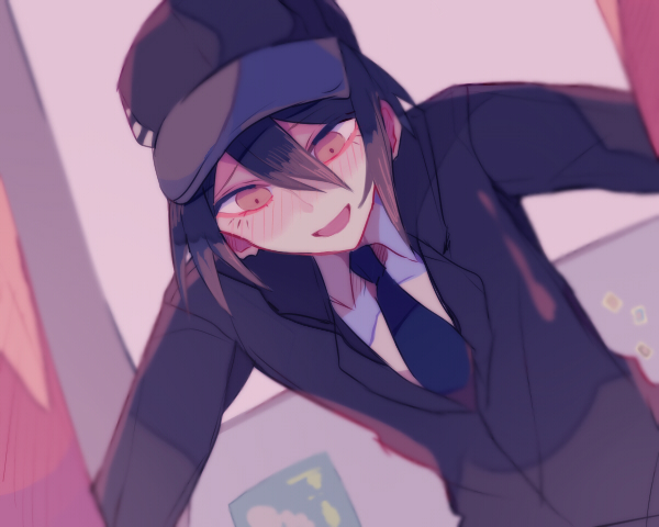 sakura (fein5862817), saihara shuichi, danganronpa (series), danganronpa v3: killing harmony, commentary request, 1boy, baseball cap, bedroom, black hat, black jacket, blazer, blue necktie, box pov, collared jacket, collared shirt, crazy, downturned eyes, from below, hat, indoors, jacket, lapels, long sleeves, looking down, male focus, necktie, notched lapels, official alternate costume, open mouth, photo (object), poster (object), pov, school uniform, shirt, smile, solo, upper body, white shirt