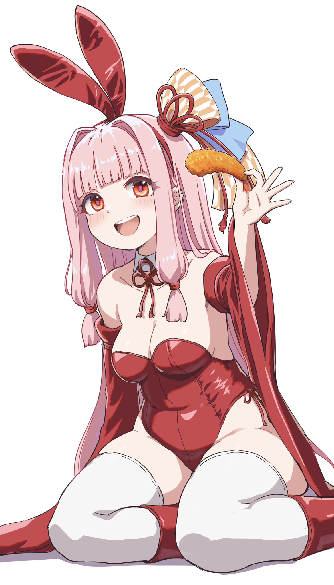 kimutomo 2, kotonoha akane, voiceroid, highres, 1girl, :d, alternate costume, animal ears, blunt bangs, breasts, cleavage, covered navel, detached sleeves, fake animal ears, feet out of frame, food, hair ornament, hair ribbon, hand up, holding, holding food, leotard, light blush, long hair, looking at viewer, medium breasts, open mouth, pink hair, playboy bunny, rabbit ears, red eyes, red leotard, red ribbon, red sleeves, ribbon, shrimp, shrimp tempura, sidelocks, sitting, smile, solo, tempura, thighhighs, thighs, white background, white thighhighs, yokozuwari
