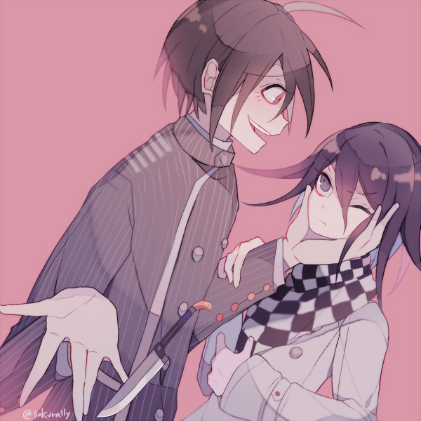 sakura (fein5862817), oma kokichi, saihara shuichi, danganronpa (series), danganronpa v3: killing harmony, commentary request, 2boys, aegyo sal, ahoge, annoyed, belt, black hair, black jacket, black scarf, buttons, checkered clothes, checkered scarf, closed mouth, collared jacket, constricted pupils, crazy, crazy smile, double-breasted, dropping, eye contact, face-to-face, frown, furrowed brow, gold buttons, grabbing another's chin, hair between eyes, hand on another's chin, height difference, high collar, holding another's arm, jacket, knife, layered sleeves, long eyelashes, long hair between eyes, long sleeves, looking at another, male focus, multicolored buttons, multiple boys, open mouth, outstretched hand, pink background, pinstripe jacket, pinstripe pattern, pointy nose, purple hair, raised inner eyebrows, scarf, short hair, simple background, smile, teeth, twitter username, two-tone scarf, undershirt, upper body, upper teeth only, white belt, white jacket, white scarf, wrist belt, yellow eyes