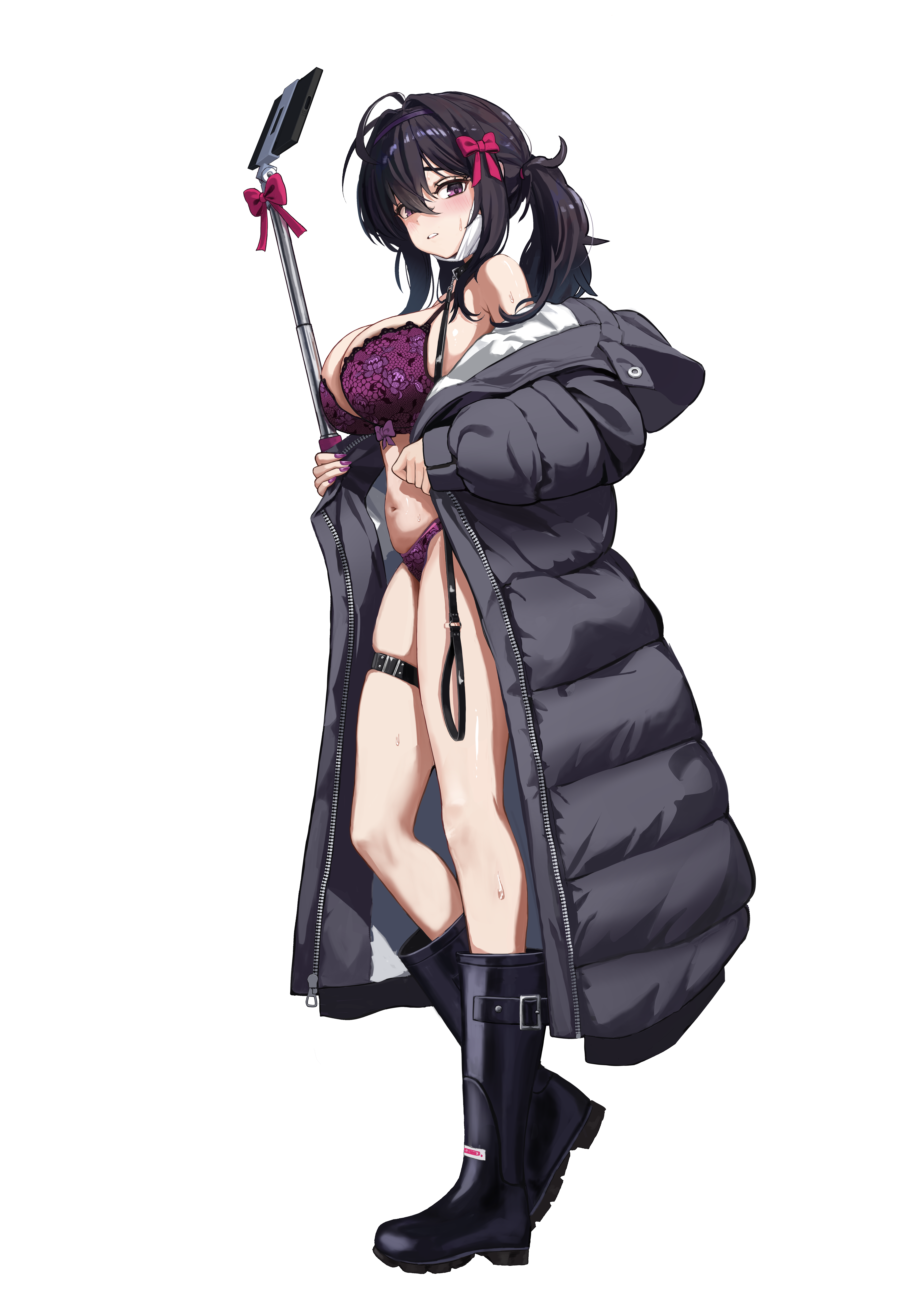 irorong, loen (brown dust 2), brown dust (series), brown dust 2, absurdres, highres, 1girl, bare shoulders, black boots, black hair, black jacket, blush, boots, bra, breasts, from side, full body, hair between eyes, holding, jacket, large breasts, long hair, long sleeves, looking at viewer, looking to the side, navel, off shoulder, open clothes, open jacket, panties, parted lips, purple bra, purple eyes, purple panties, selfie stick, simple background, solo, standing, thigh strap, thighs, twintails, underwear, white background