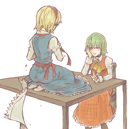 charin, alice margatroid, kazami yuuka, touhou, bad id, bad pixiv id, lowres, 2girls, ascot, blonde hair, female focus, green hair, hairband, multiple girls, plaid clothes, plaid skirt, plaid vest, red eyes, short hair, sitting, skirt, skirt set, table, undressing, vest