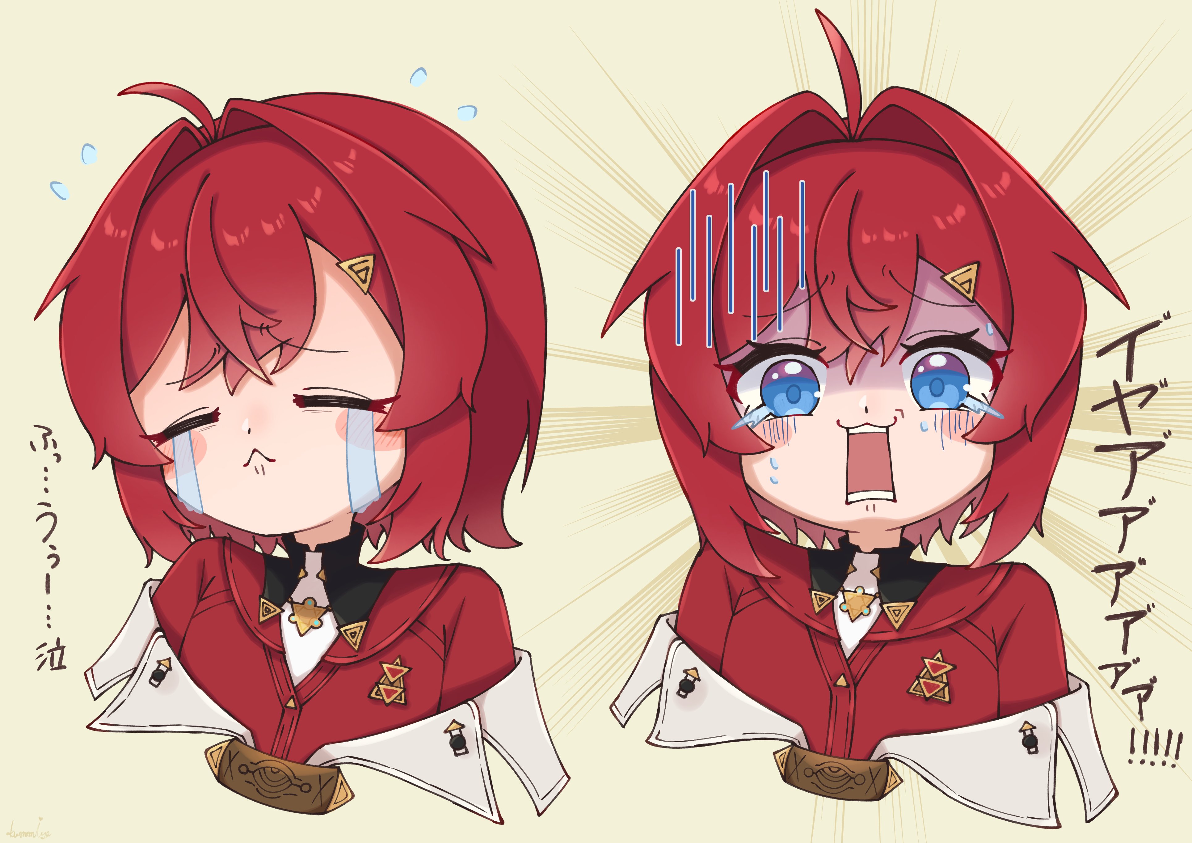 ange katrina, ange katrina (1st costume), nijisanji, absurdres, commentary request, highres, translation request, 1girl, :<, ahoge, blue eyes, blush stickers, cardigan, cropped torso, crying, deformed, double-parted bangs, emphasis lines, flying sweatdrops, furrowed brow, hair intakes, hair ornament, kumomiya suiu, looking at viewer, medium hair, multiple views, off shoulder, open mouth, red cardigan, red hair, scared, streaming tears, tears, triangle hair ornament, turn pale, virtual youtuber, yellow background