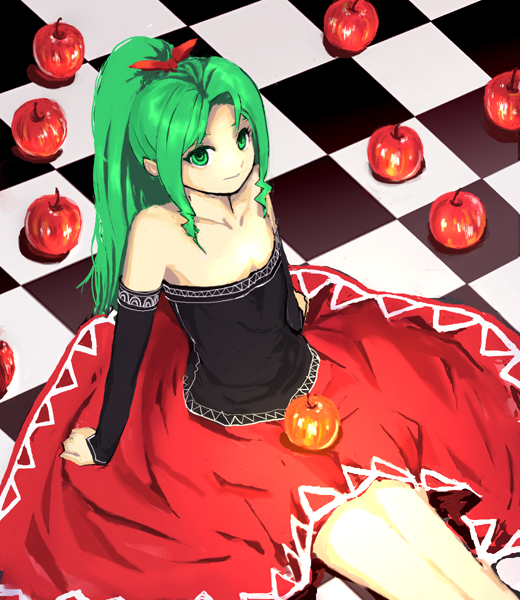 suya000, tina branford, final fantasy, final fantasy vi, bad id, bad pixiv id, 1990s (style), 1girl, apple, bare shoulders, checkered floor, detached sleeves, female focus, food, fruit, green eyes, green hair, matching hair/eyes, ponytail, retro artstyle, sitting, solo