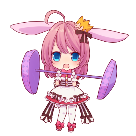 yellow (artist), minnie doe alma, emil chronicle online, lowres, 1girl, ahoge, animal ears, apron, blue eyes, boots, bow, bowtie, brown ribbon, brown sash, chibi, crown, dress, frilled apron, frills, hair ribbon, holding, holding rod, open mouth, pink boots, pink bow, pink dress, pink hair, ponytail, rabbit ears, rabbit girl, ribbon, rod, sash, solo, thighhighs, two-tone sash, white apple, white background, white sash, white thighhighs