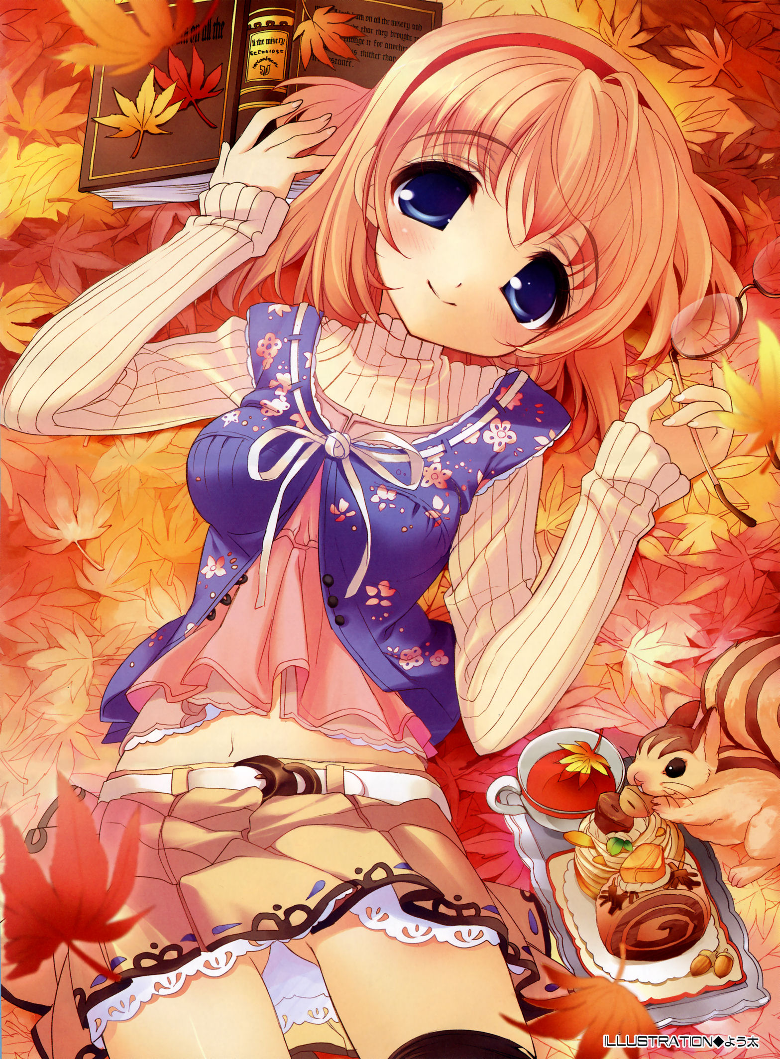 youta, character request, highres, source request, autumn, blue eyes, book, glasses, hairband, leaf, navel, orange hair, skirt, solo, squirrel, thighhighs, turtleneck