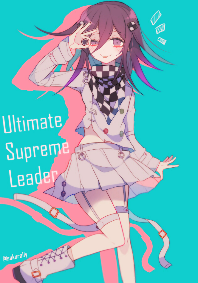 sakura (fein5862817), oma kokichi, danganronpa (series), danganronpa v3: killing harmony, commentary request, 1girl, :p, aegyo sal, aqua background, arm belt, belt, belt buckle, black scarf, boots, buckle, buttons, chain, checkerboard cookie, checkered clothes, checkered scarf, closed mouth, cookie, dot nose, double-breasted, drop shadow, english text, eyelashes, food, food-themed hair ornament, foot out of frame, genderswap, genderswap (mtf), gold buckle, hair between eyes, hair ornament, half-closed eye, happy, lace-up boots, long hair, long hair between eyes, long sleeves, looking at viewer, midriff peek, miniskirt, multicolored buttons, multiple belts, navel, notice lines, ok sign, ok sign over eye, open belt, pleated skirt, purple eyes, purple hair, scarf, shirt, shoe belt, simple background, skirt, skirt set, smile, solo, thigh belt, thigh strap, tongue, tongue out, torn clothes, torn shirt, twitter username, two-tone scarf, white boots, white scarf, white shirt, white skirt