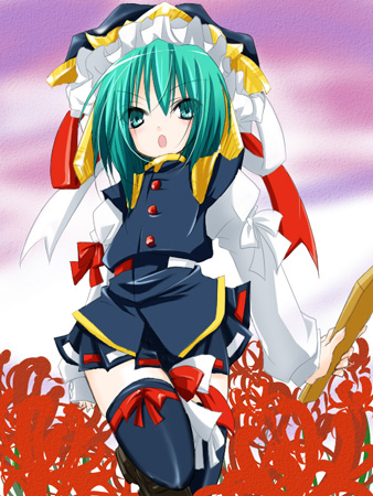 ao, aoro, shiki eiki, touhou, lowres, 1girl, asymmetrical clothes, female focus, flower, green eyes, green hair, matching hair/eyes, red flower, rod of remorse, solo, spider lily, thighhighs