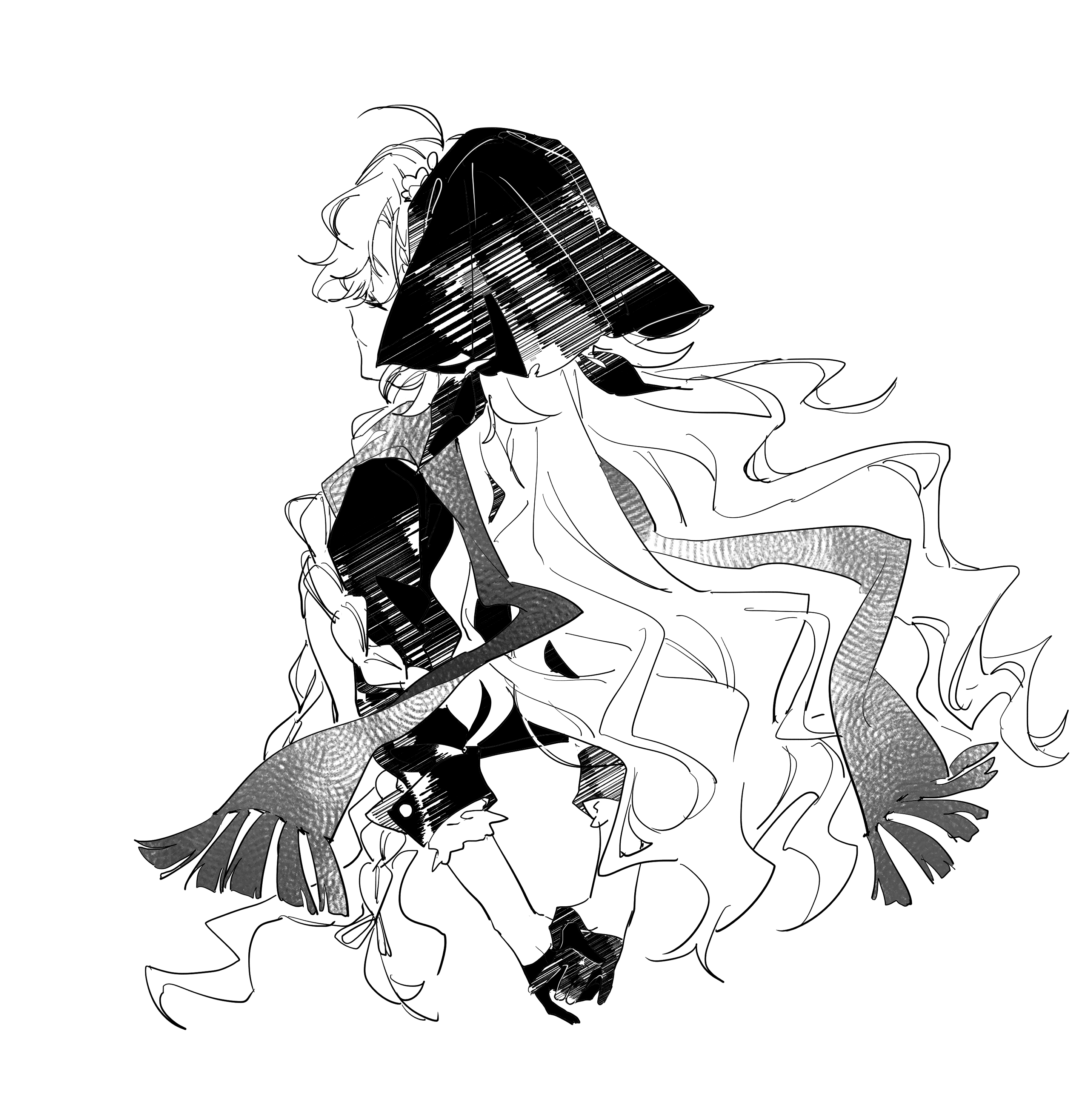 walluka, vila (reverse:1999), reverse:1999, absurdres, highres, 1girl, ahoge, arms behind back, cropped torso, from side, gloves, greyscale, headscarf, jacket, long hair, monochrome, own hands together, profile, scarf, solo, upper body, white background